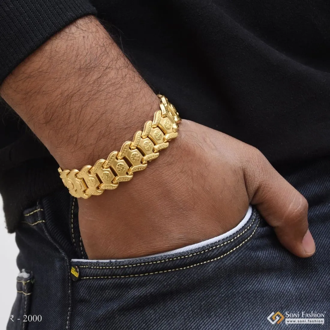 1 Gram Gold Forming Bahubali Glittering Design Gold Plated Bracelet - Style B769