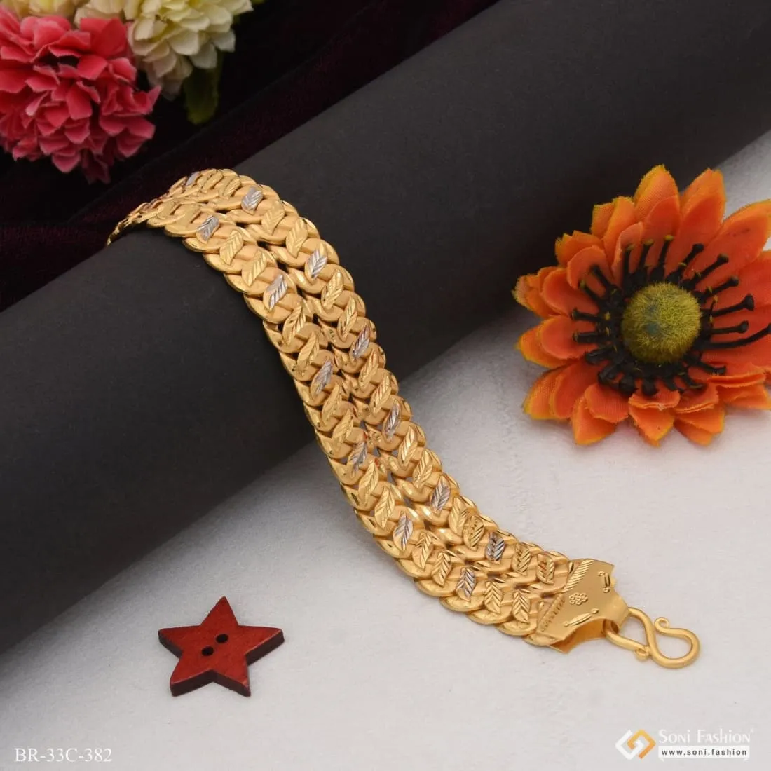 1 Gram Gold Plated 2 Line Kohli Artisanal Design Bracelet for Men - Style C382