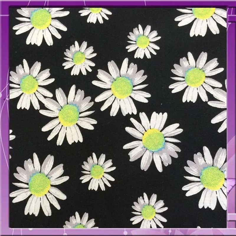 100% Rayon Challis Margaritas Flowers On Black Background 58 Inches Wide Fabric