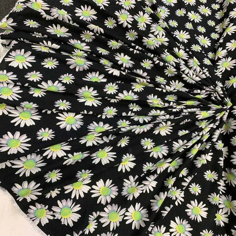 100% Rayon Challis Margaritas Flowers On Black Background 58 Inches Wide Fabric