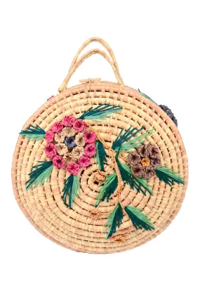 1960s Large Round Straw Handbag w/ Tropical Floral Embelishments