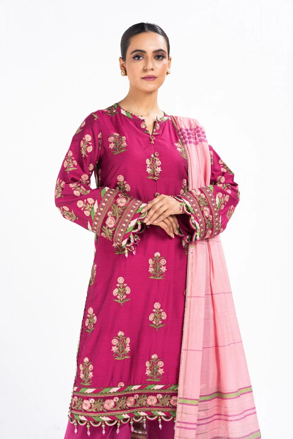 2 Pc Printed Embroidered Indian Silk Shirt With Yarn Dyed Dupatta