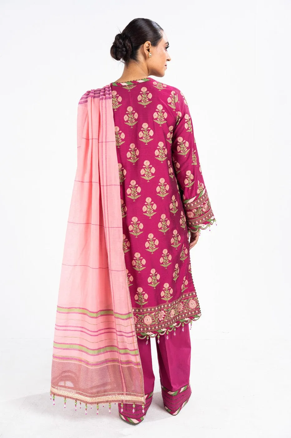 2 Pc Printed Embroidered Indian Silk Shirt With Yarn Dyed Dupatta