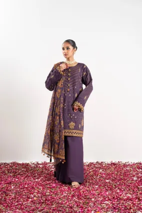 3 Pc Embroidered Dobby Zari Suit With Zari Lawn Dupatta