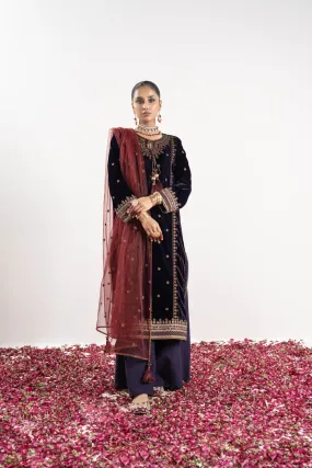 3 Pc Embroidered Velvet Suit With Poly Net Dupatta