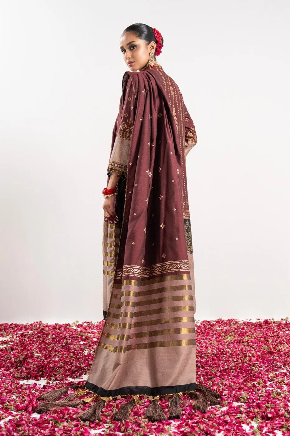 3 Pc Embroidered Yarn Dyed Silk Suit With Yarn Dyed Dupatta