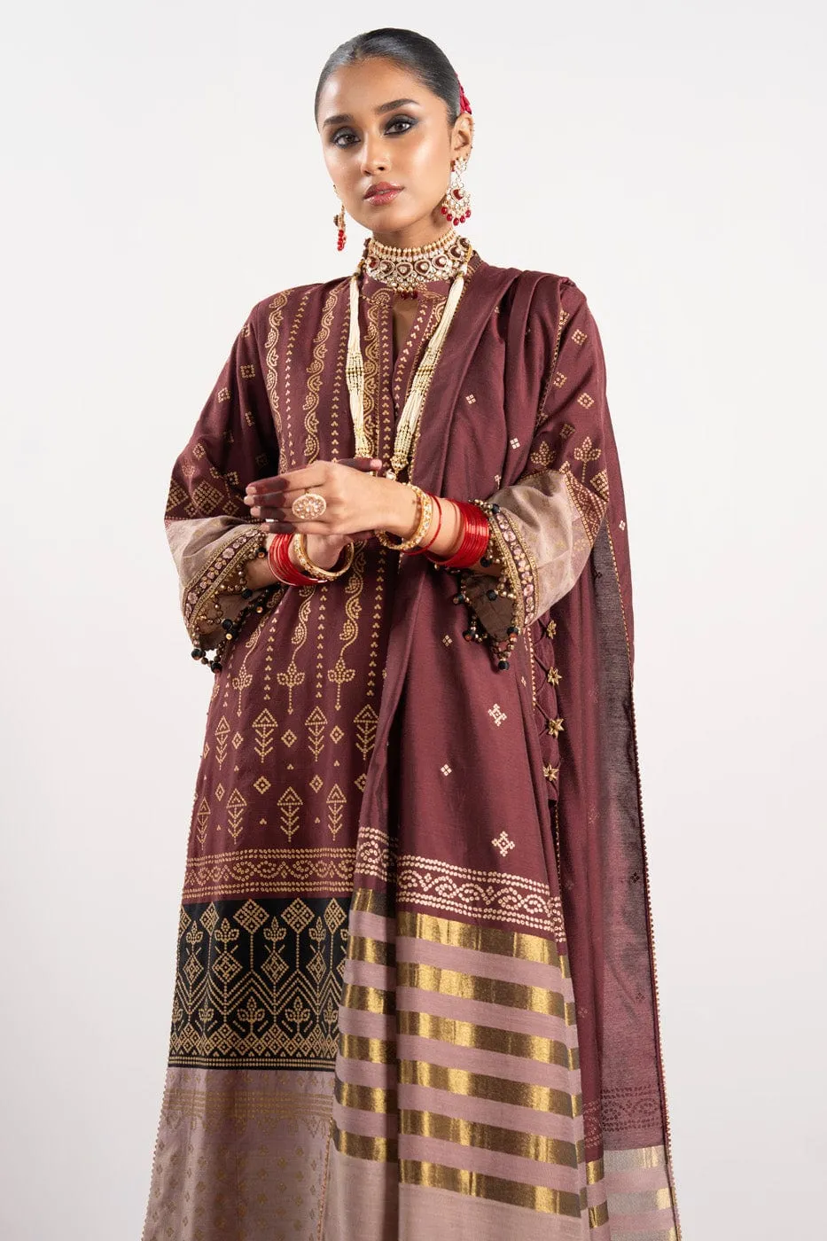 3 Pc Embroidered Yarn Dyed Silk Suit With Yarn Dyed Dupatta