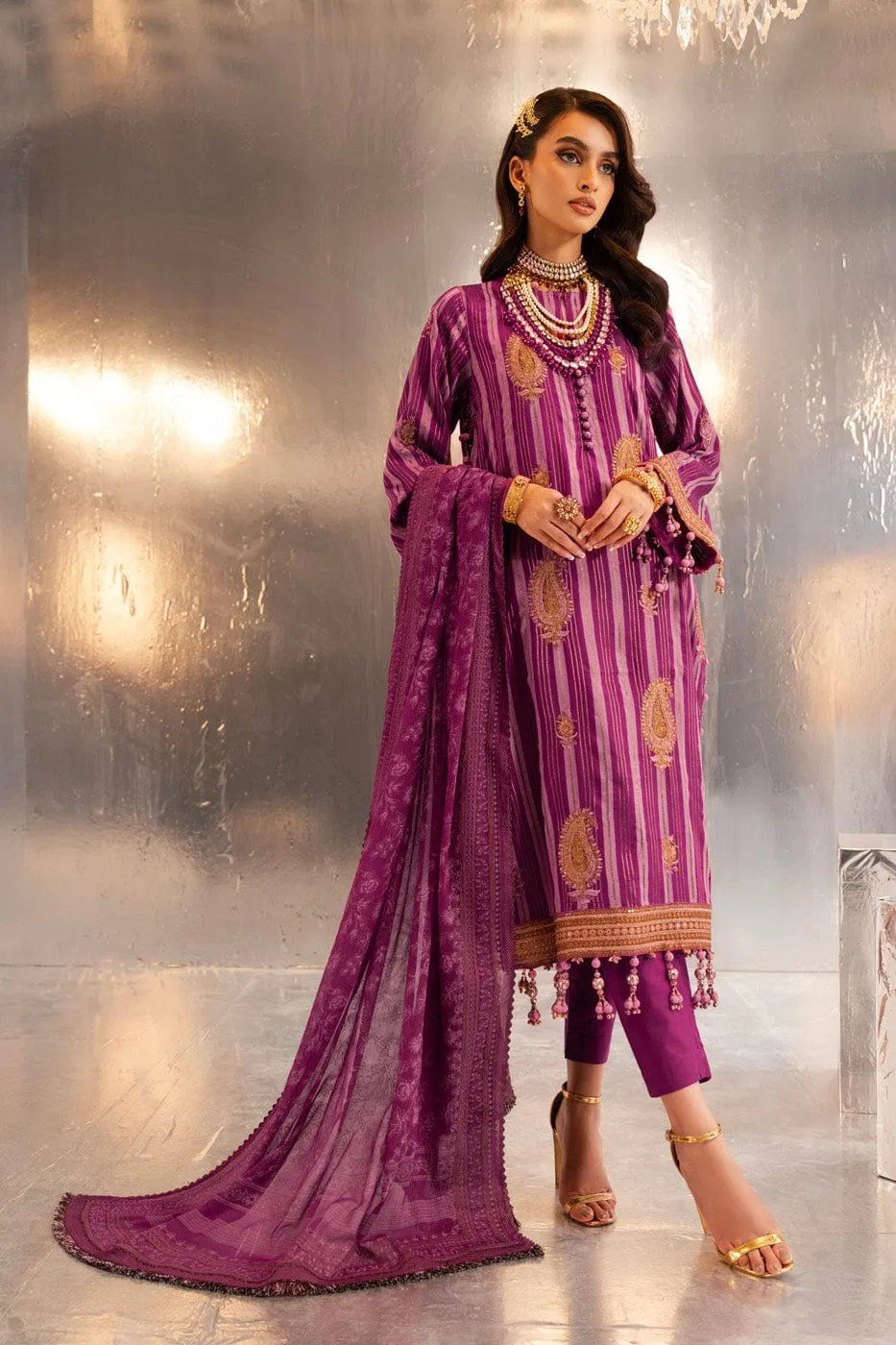 3 Pc Embroidered Yarn dyed with Printed chiffon Dupatta