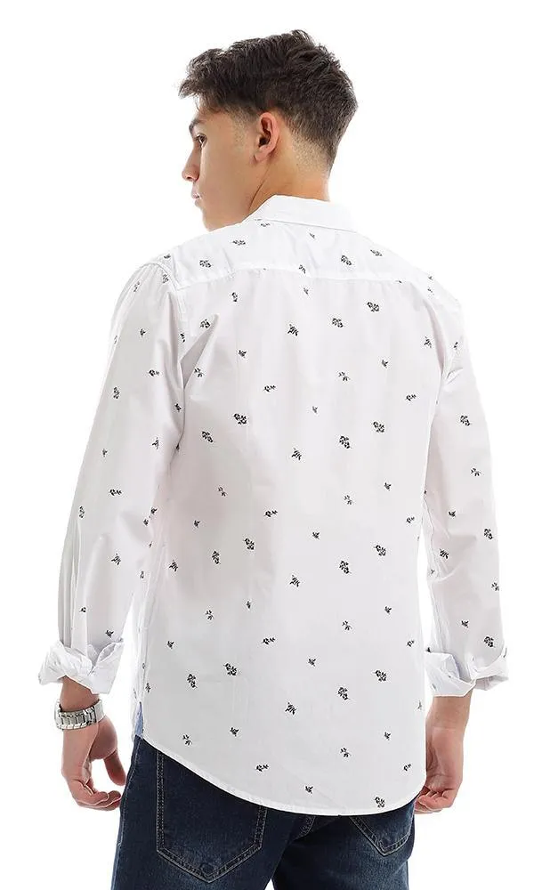 56901 Self Floral Pattern White Long Sleeves Shirt