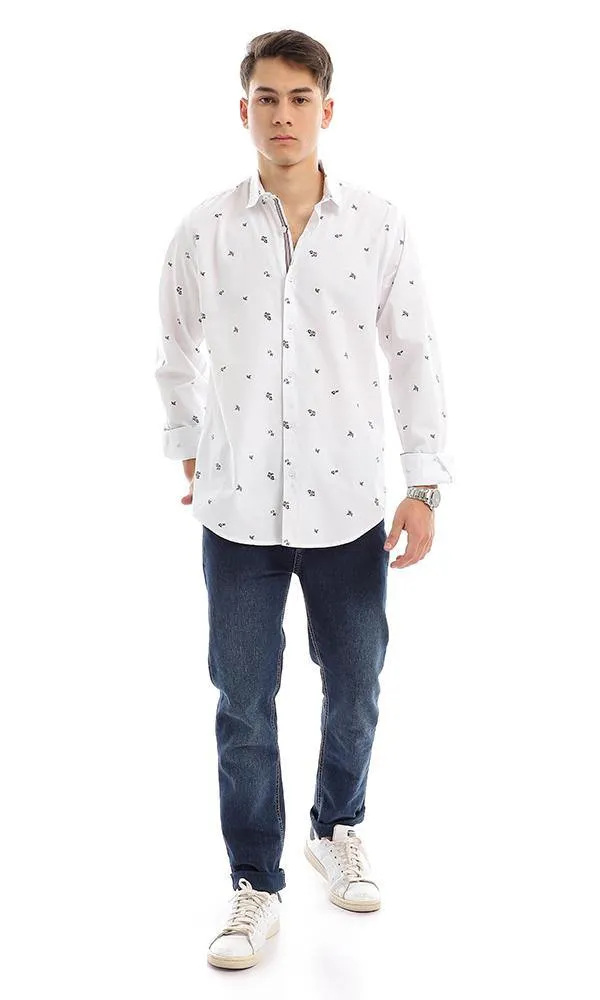 56901 Self Floral Pattern White Long Sleeves Shirt