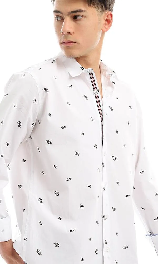 56901 Self Floral Pattern White Long Sleeves Shirt