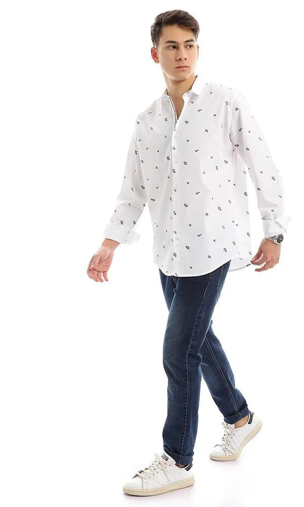 56901 Self Floral Pattern White Long Sleeves Shirt