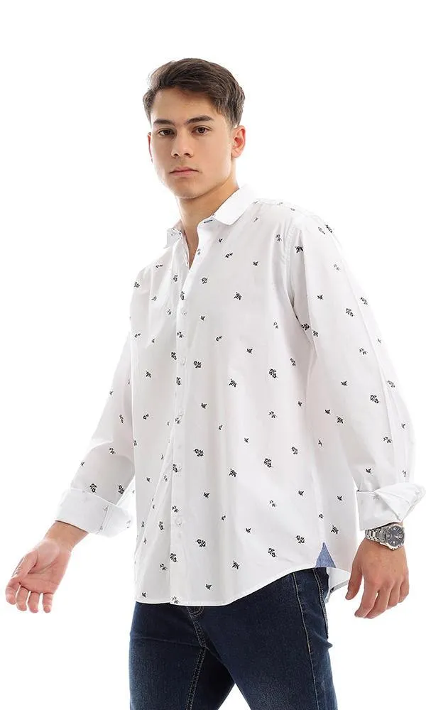 56901 Self Floral Pattern White Long Sleeves Shirt