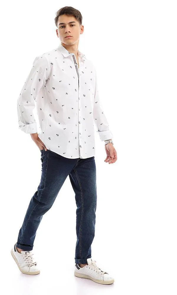 56901 Self Floral Pattern White Long Sleeves Shirt