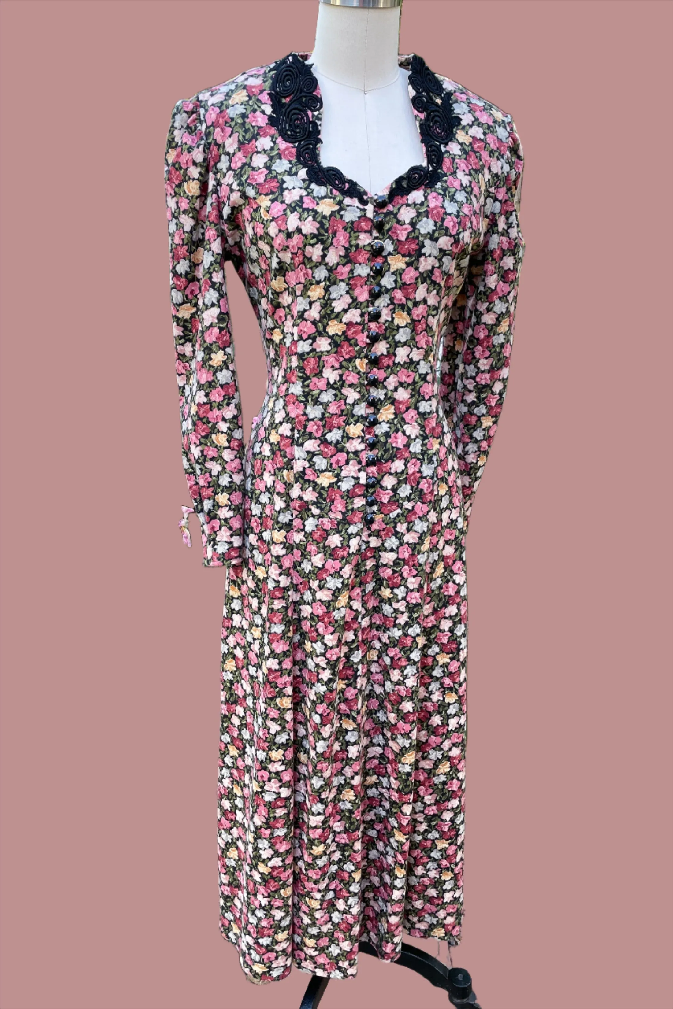 90s Grunge Floral Print Midi Dress, 70s Style Dress, Sash Tie at Back S