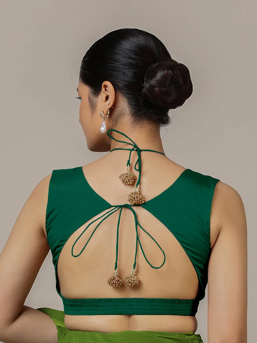 Ahana x Rozaana | Bottle Green Sleeveless FlexiFit™ Saree Blouse with Plunging Neckline and Back Cut Out with Tie-up