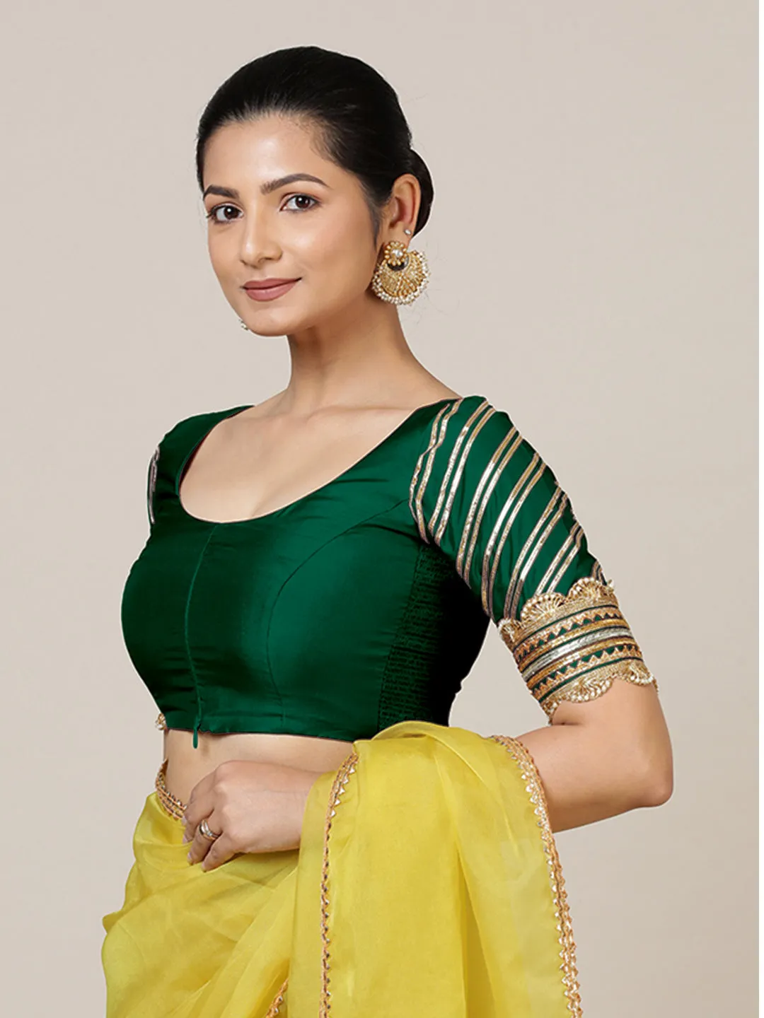 Anisha x Tyohaar | Elbow Sleeves Saree Blouse in Bottle Green