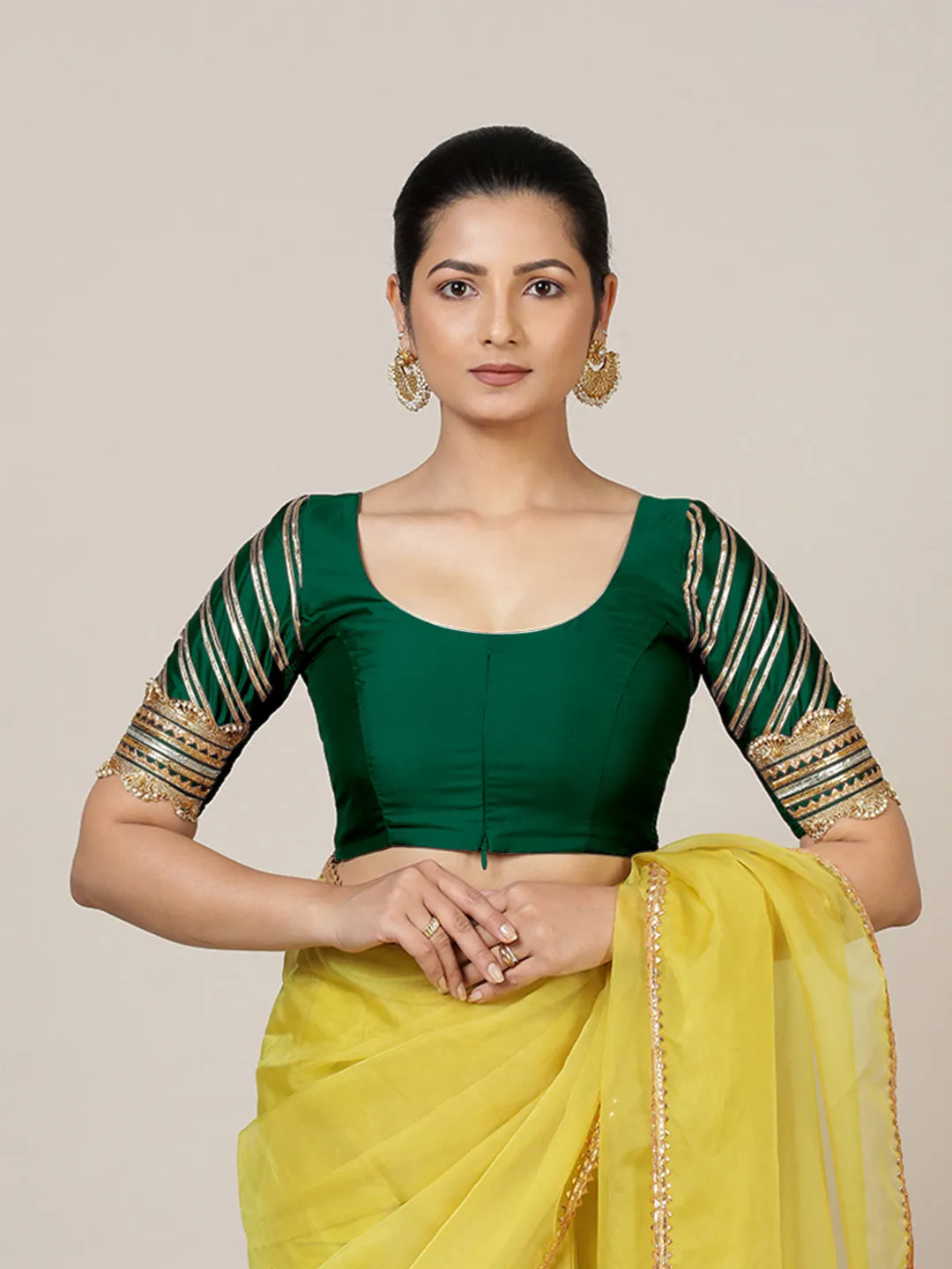 Anisha x Tyohaar | Elbow Sleeves Saree Blouse in Bottle Green