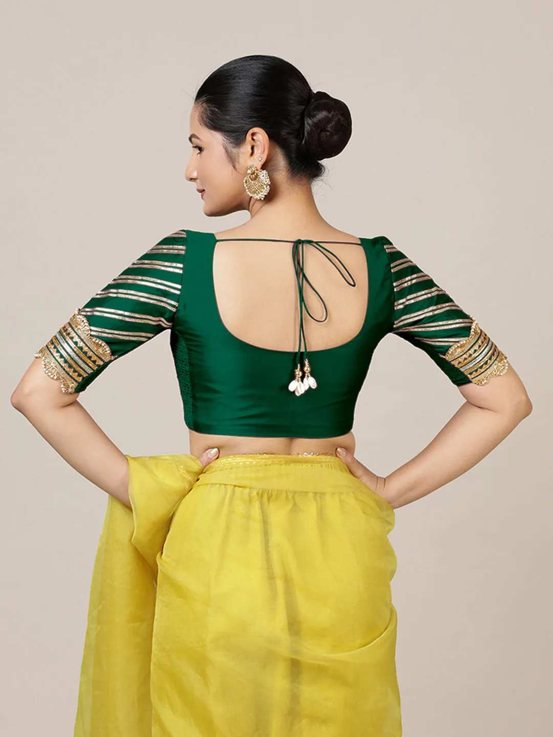 Anisha x Tyohaar | Elbow Sleeves Saree Blouse in Bottle Green