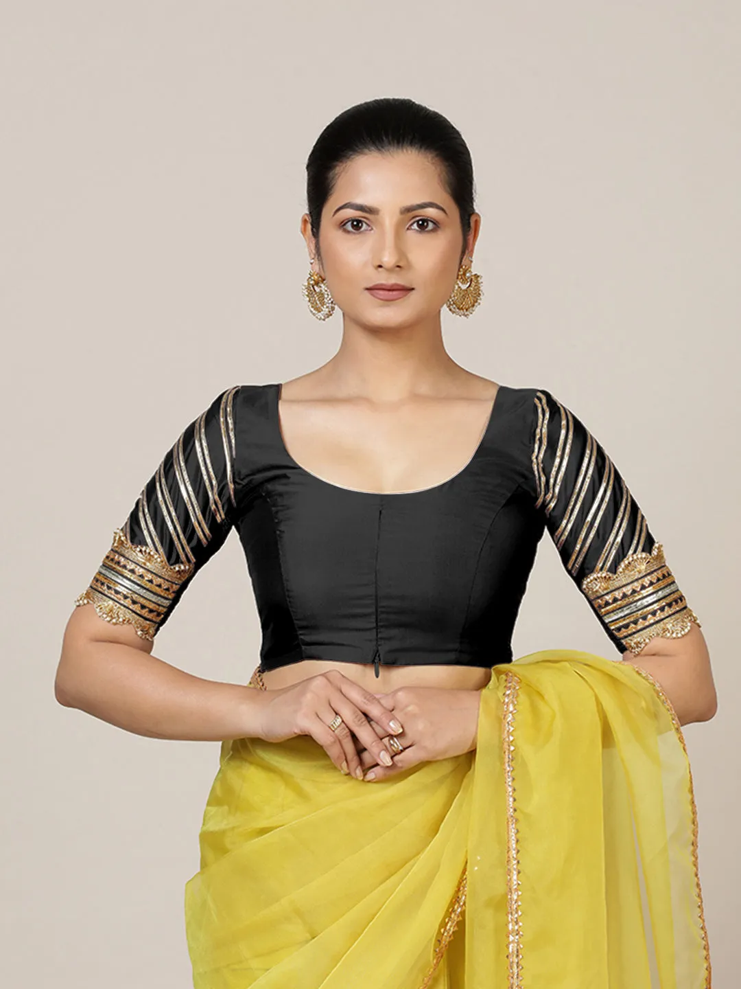 Anisha x Tyohaar | Elbow Sleeves Saree Blouse in Charcoal Black