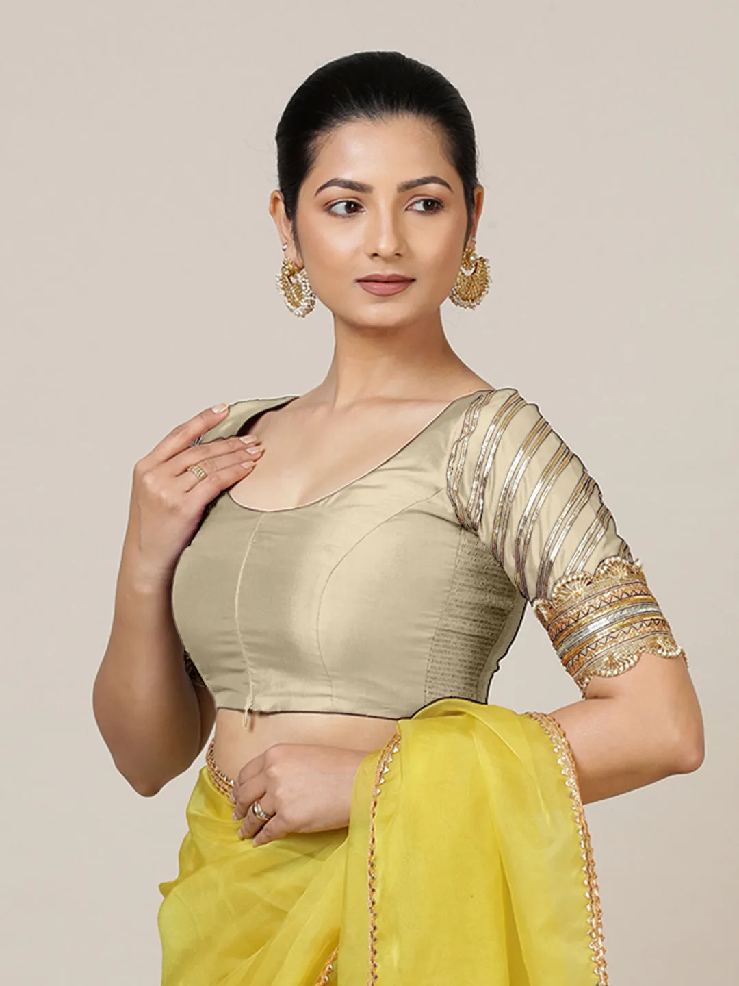 Anisha x Tyohaar | Elbow Sleeves Saree Blouse in Cream