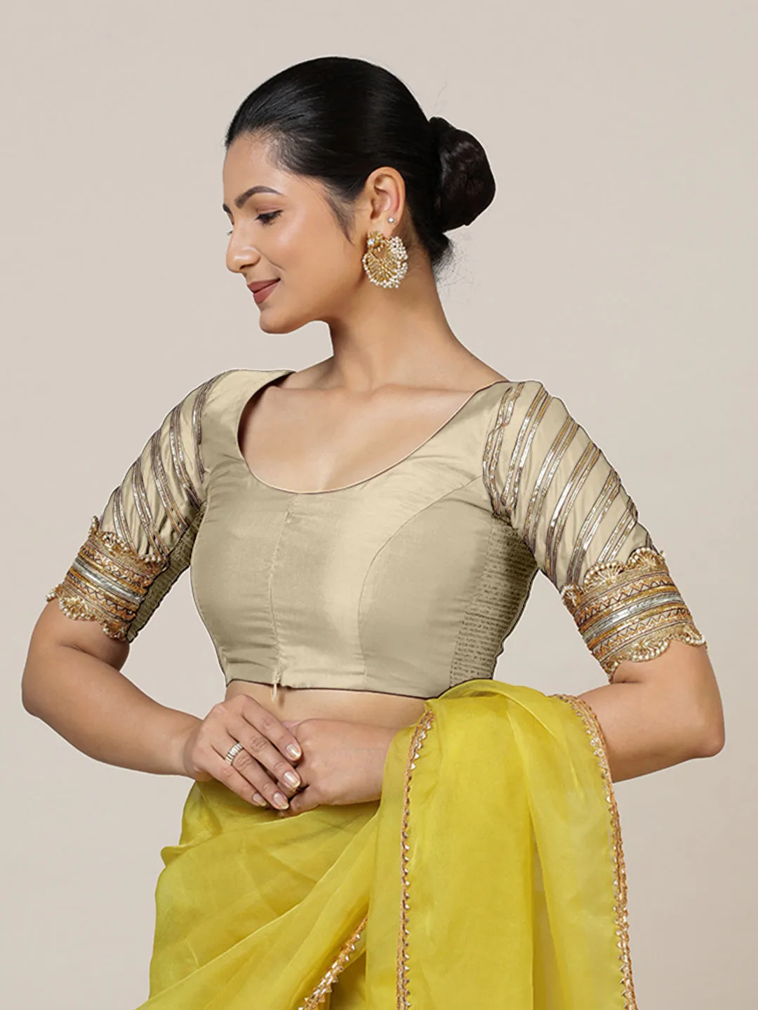 Anisha x Tyohaar | Elbow Sleeves Saree Blouse in Cream