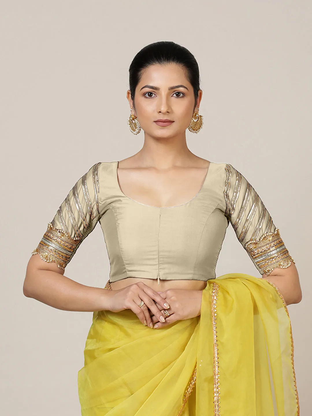 Anisha x Tyohaar | Elbow Sleeves Saree Blouse in Cream