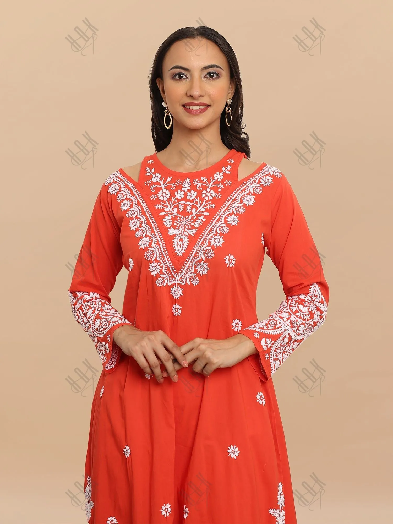 Antara in Saba Chikankari Long kurta in cotton - Red