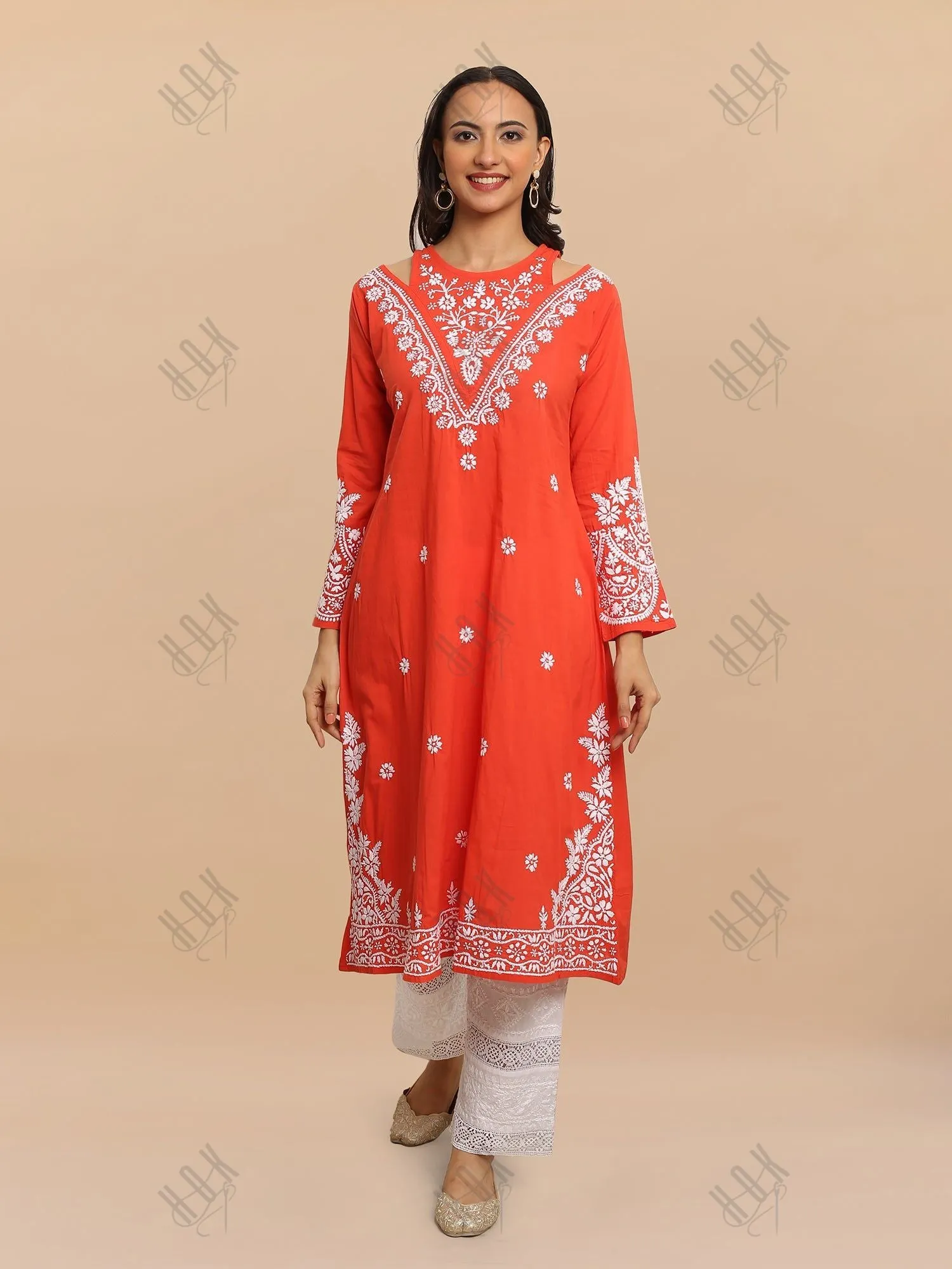 Antara in Saba Chikankari Long kurta in cotton - Red