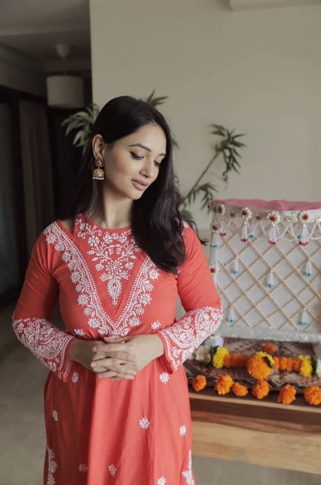 Antara in Saba Chikankari Long kurta in cotton - Red