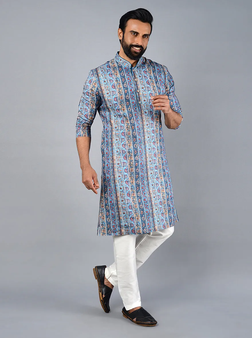 Azure Blue Printed Regular Fit Kurta | TULA