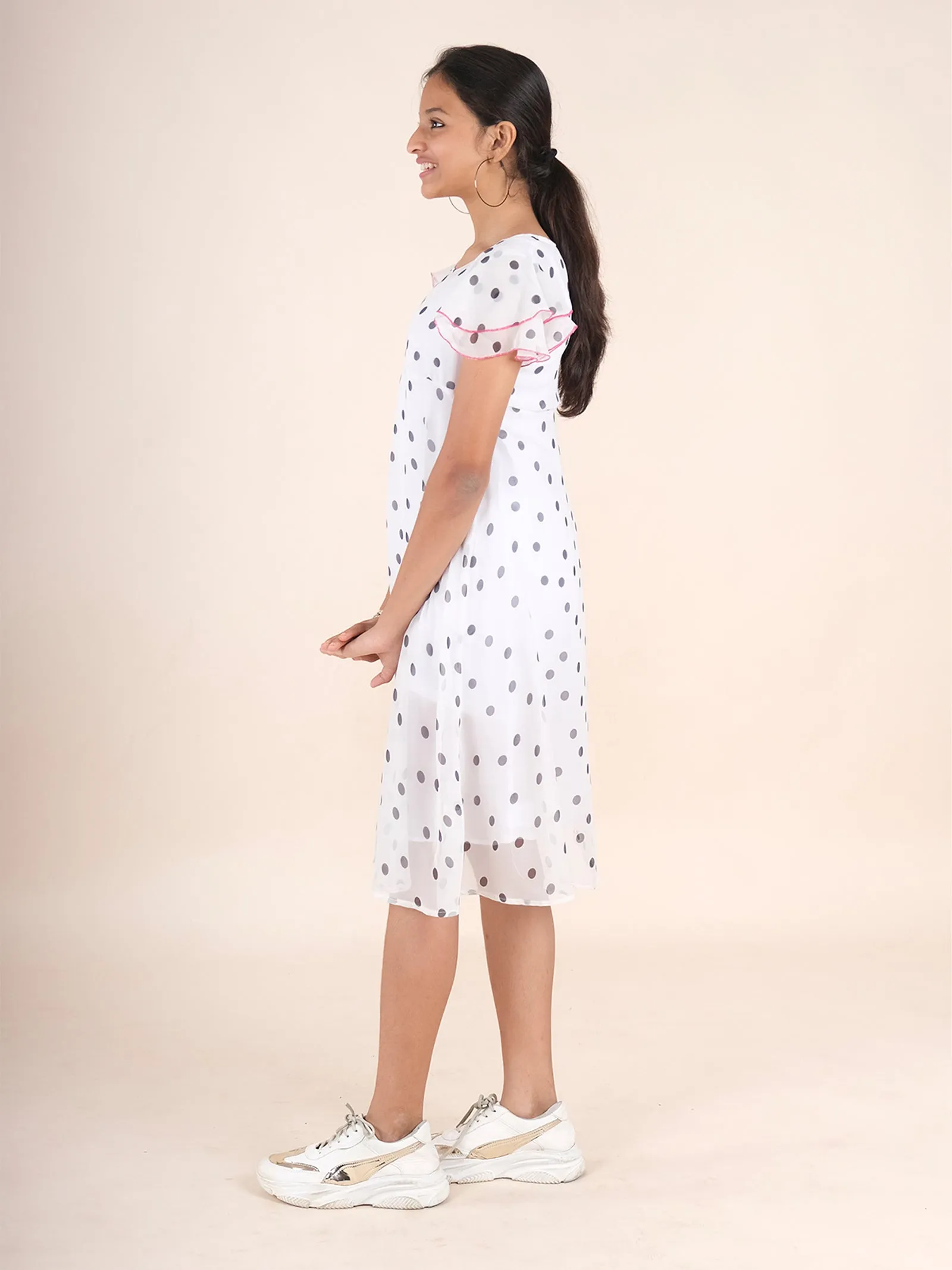 Bell Frill Sleeves Polka Dot Printed Dress