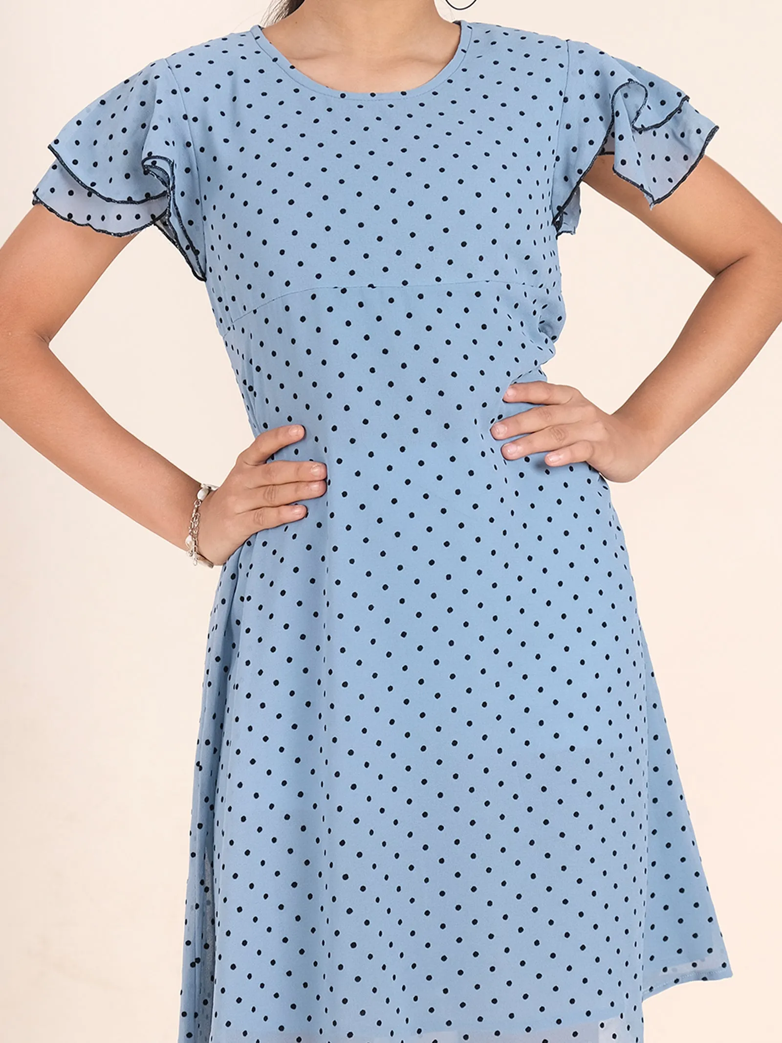 Bell Frill Sleeves Polka Dot Printed Dress