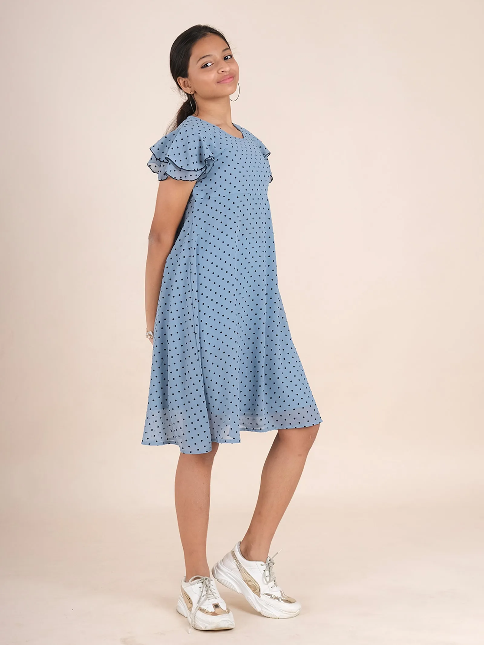 Bell Frill Sleeves Polka Dot Printed Dress