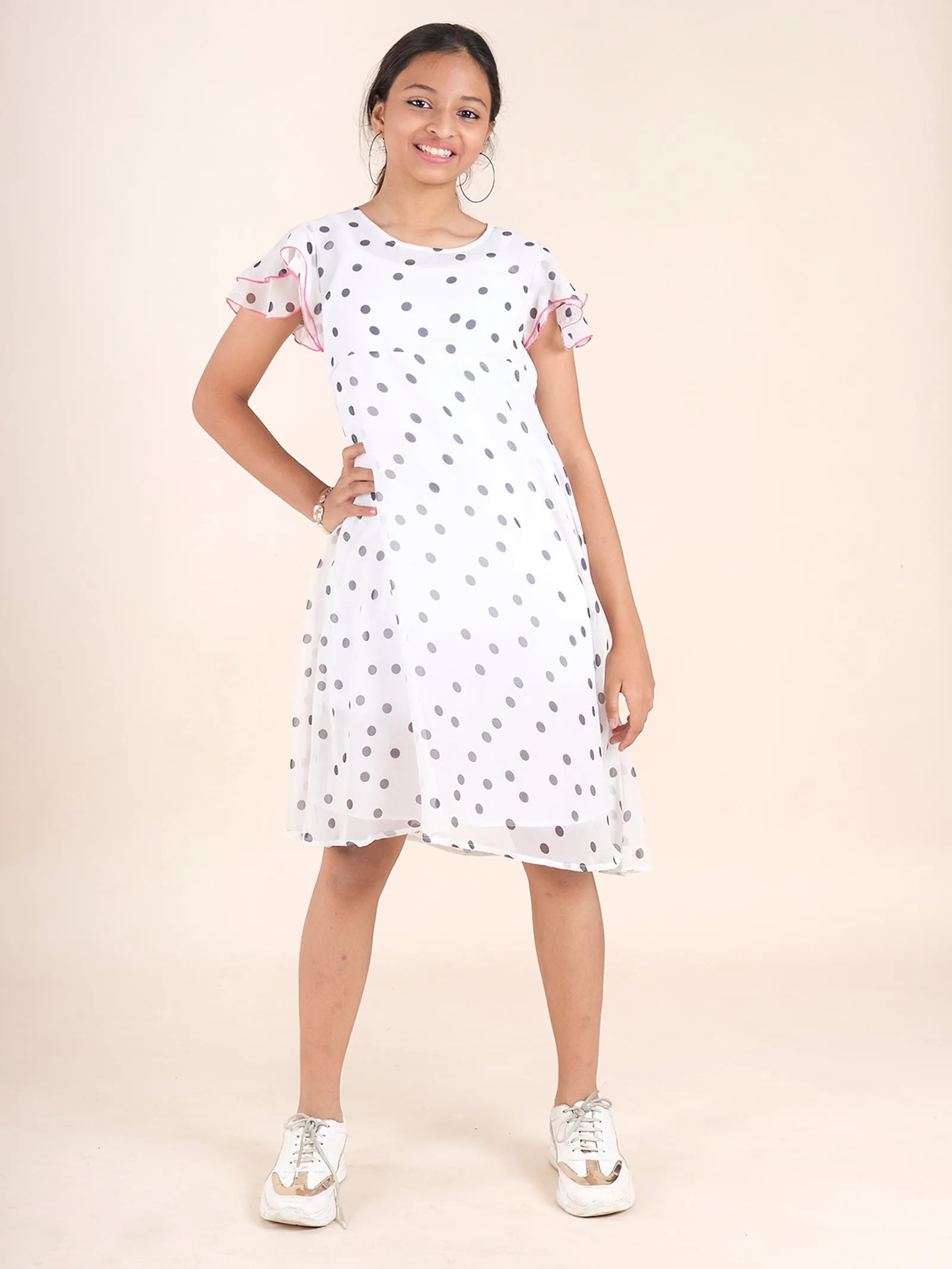 Bell Frill Sleeves Polka Dot Printed Dress