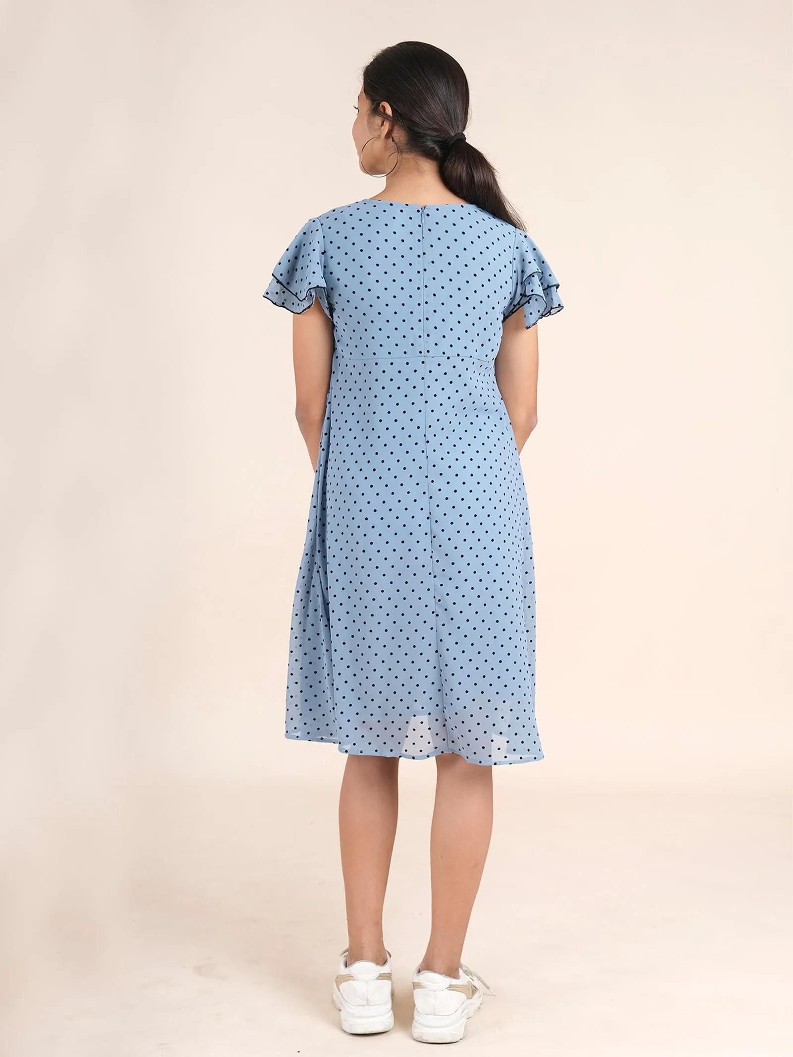 Bell Frill Sleeves Polka Dot Printed Dress