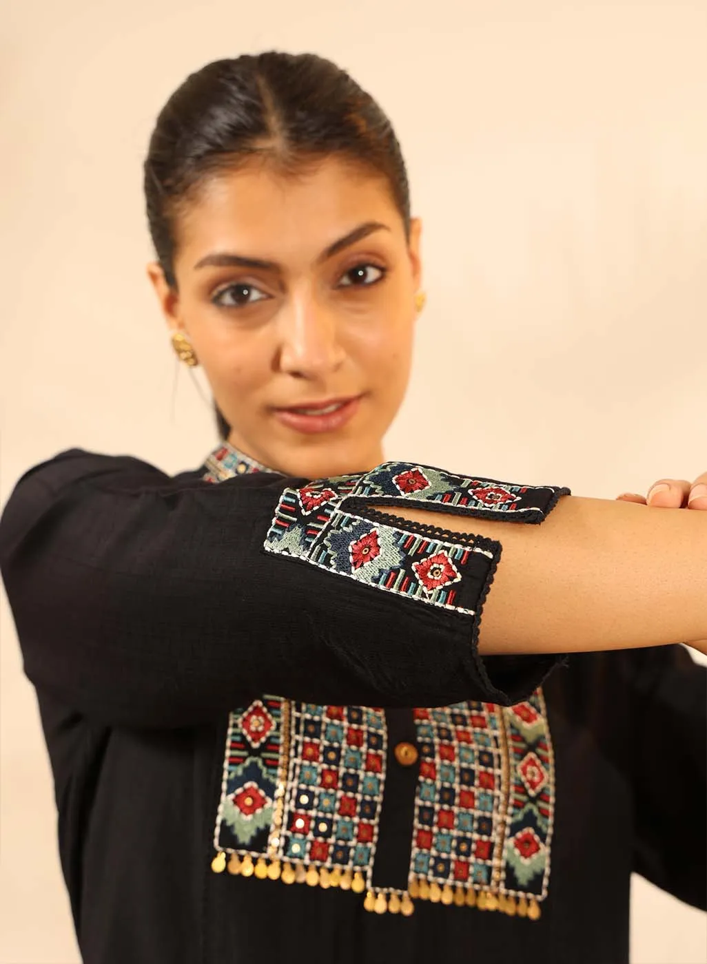 Black Collared Tunic with Intricate Embroidery and Bell Sleeves