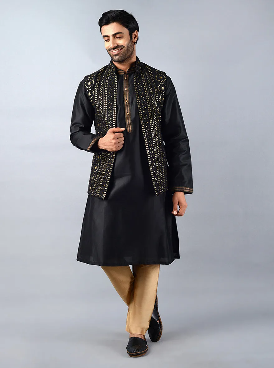 Black Embroidered Regular Fit Kurta Set with Jacket | TULA