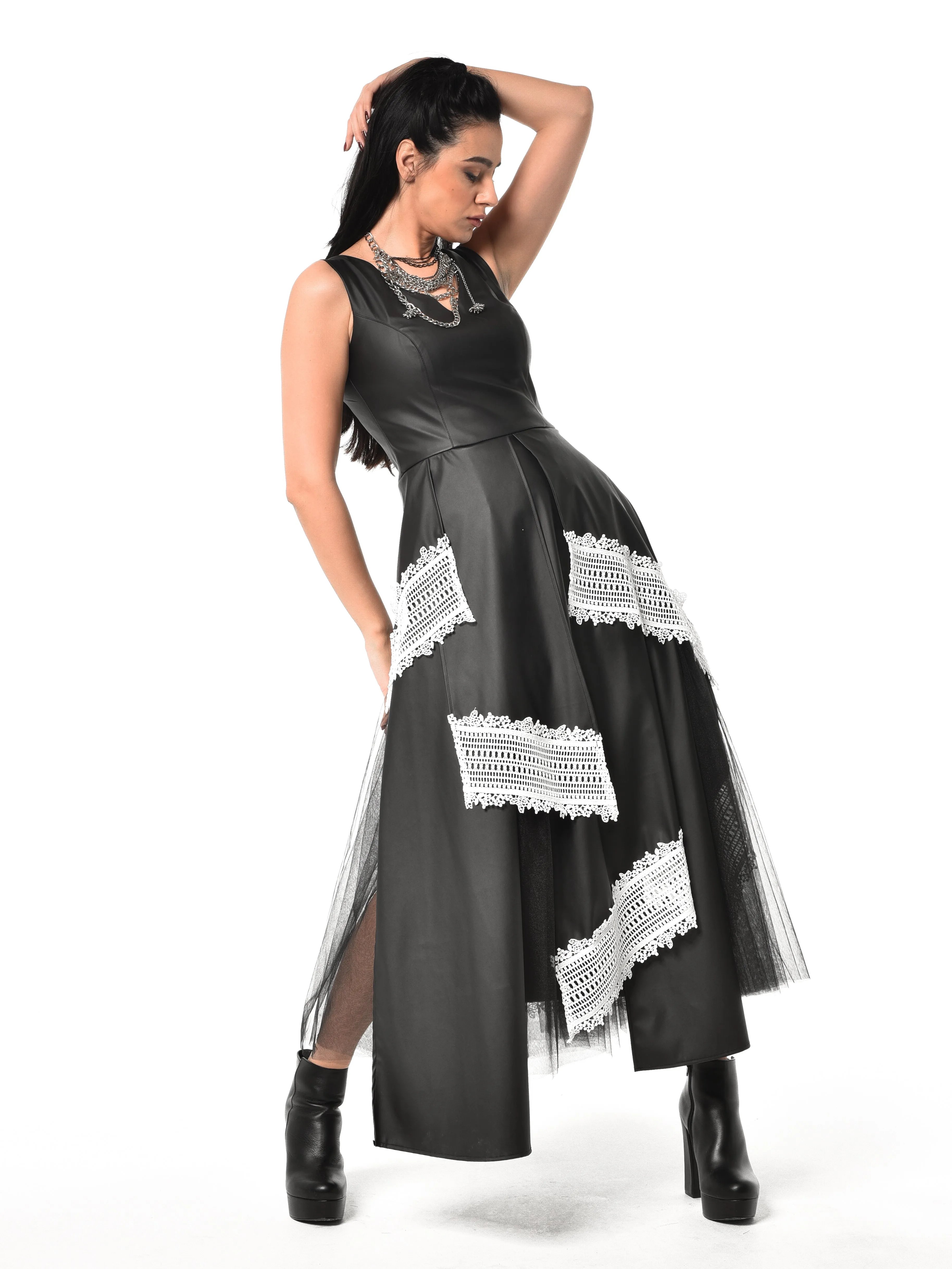 Black Vegan Leather Dress with Tulle and Lace