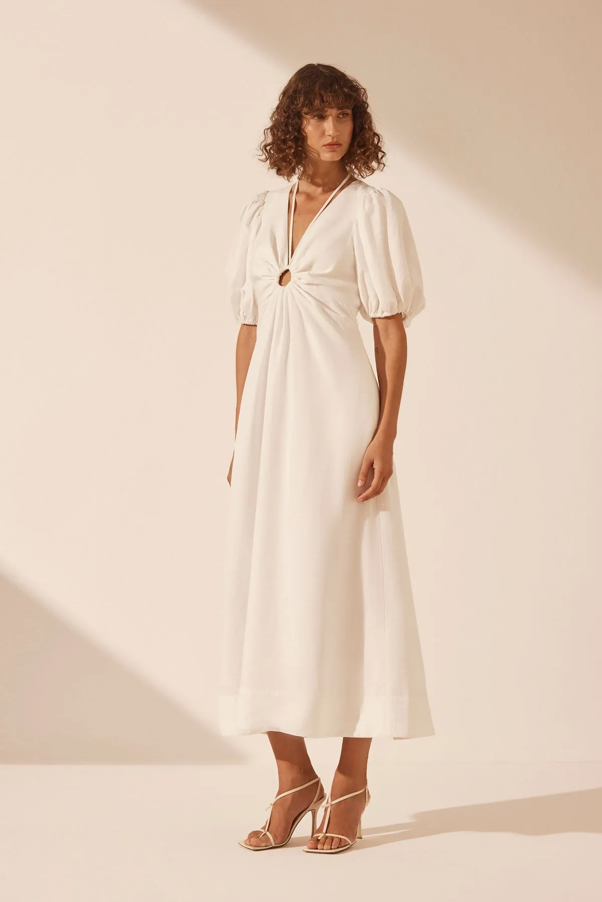 BLANC LINEN RUCHED KEYHOLE MIDI DRESS