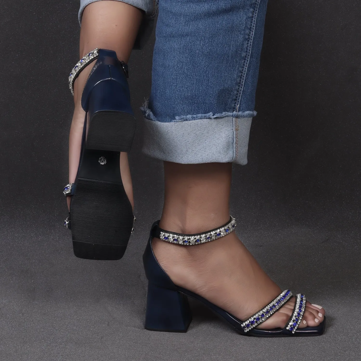 Blue and Silver Rhinestone Beads Embellishment Brush-Off Blocked Heel Buckled Strap Ladies Sandal By Brune & Bareskin