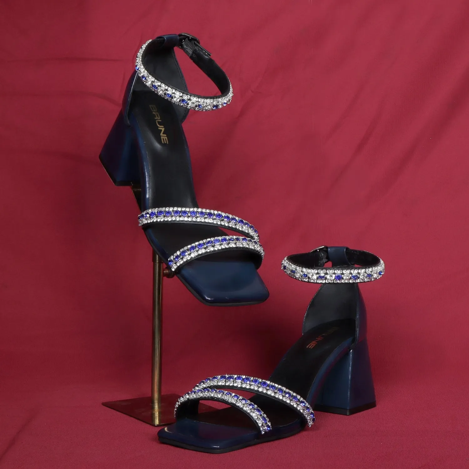 Blue and Silver Rhinestone Beads Embellishment Brush-Off Blocked Heel Buckled Strap Ladies Sandal By Brune & Bareskin