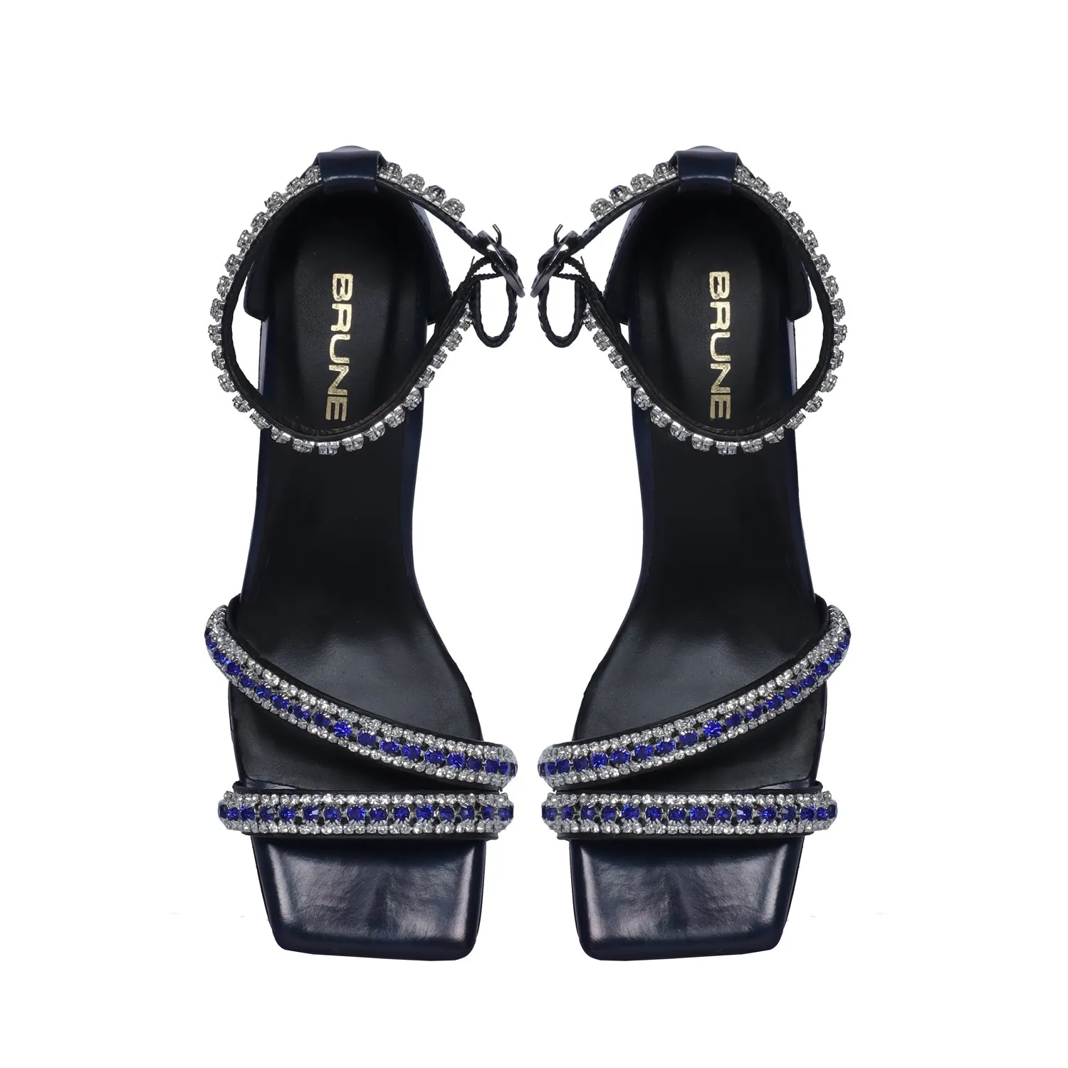 Blue and Silver Rhinestone Beads Embellishment Brush-Off Blocked Heel Buckled Strap Ladies Sandal By Brune & Bareskin