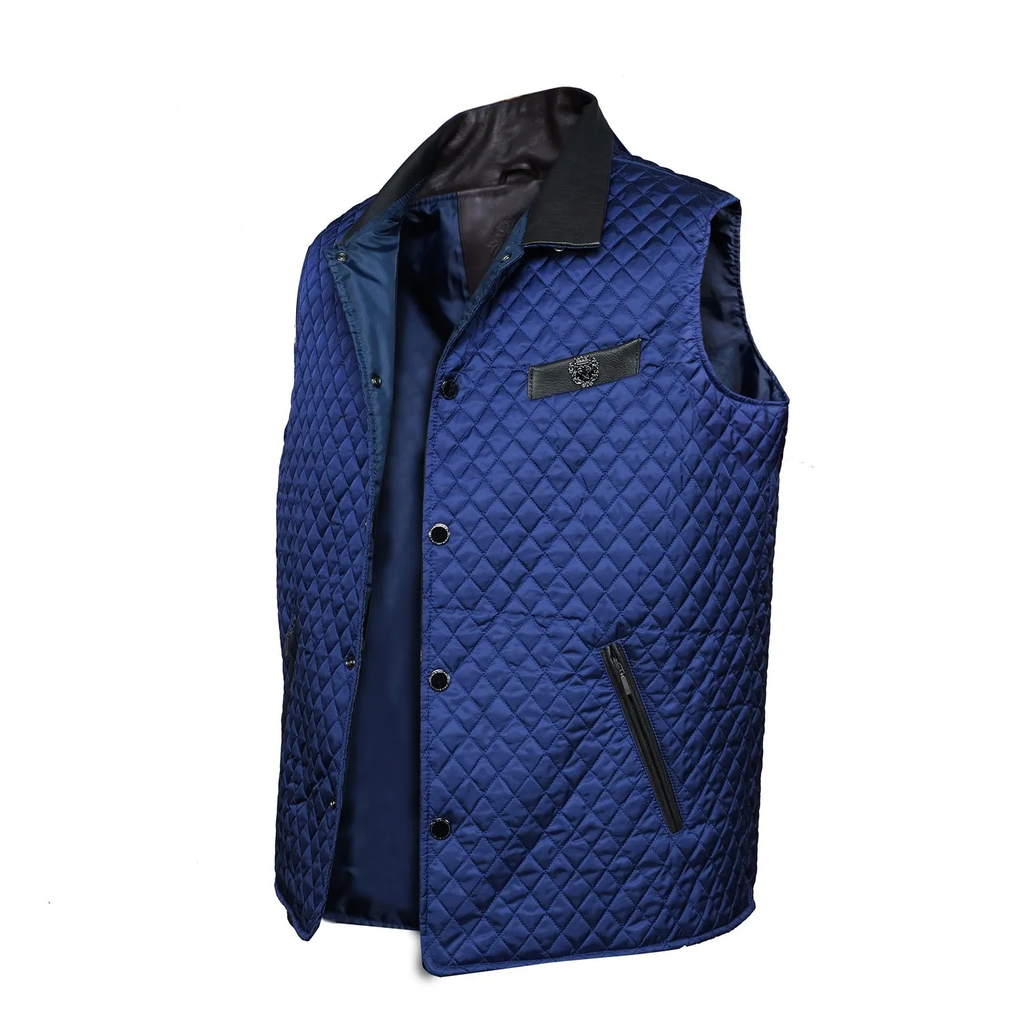 Blue Diamond Stitched Vest with Leather Trims