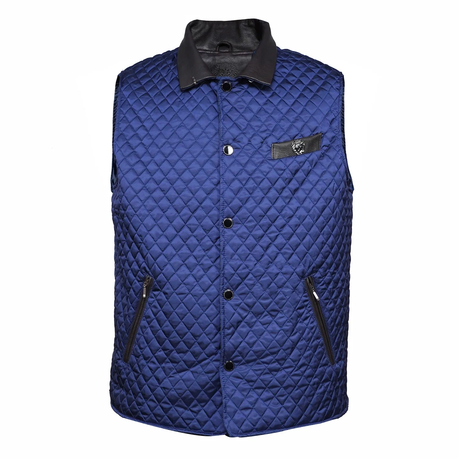 Blue Diamond Stitched Vest with Leather Trims