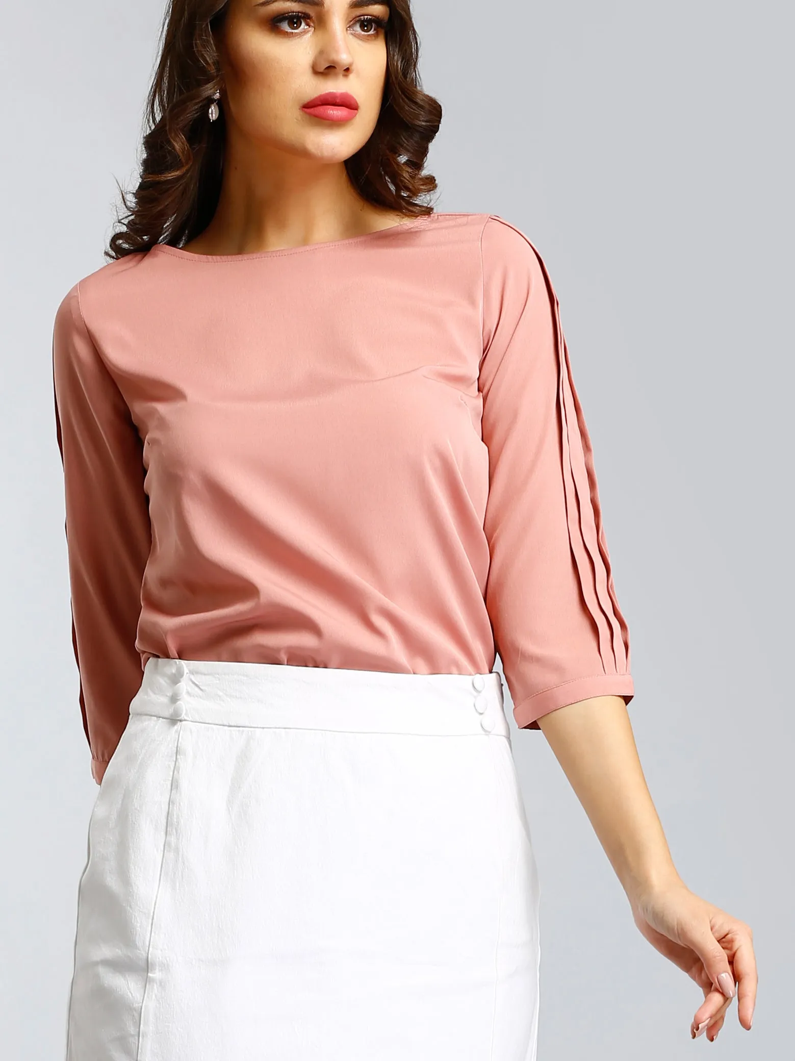 Boat Neck Top With Pleated Sleeves - Pink