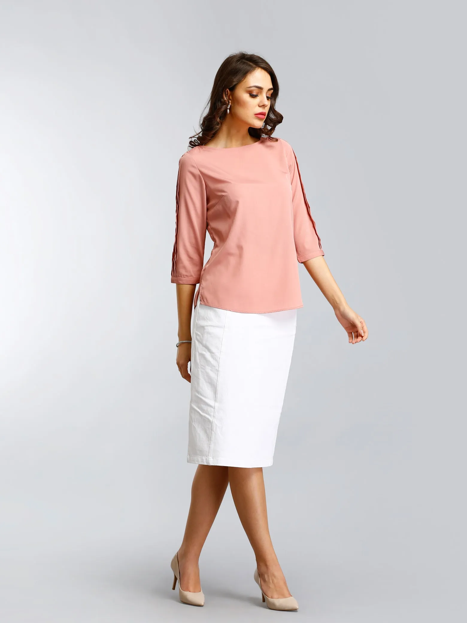 Boat Neck Top With Pleated Sleeves - Pink