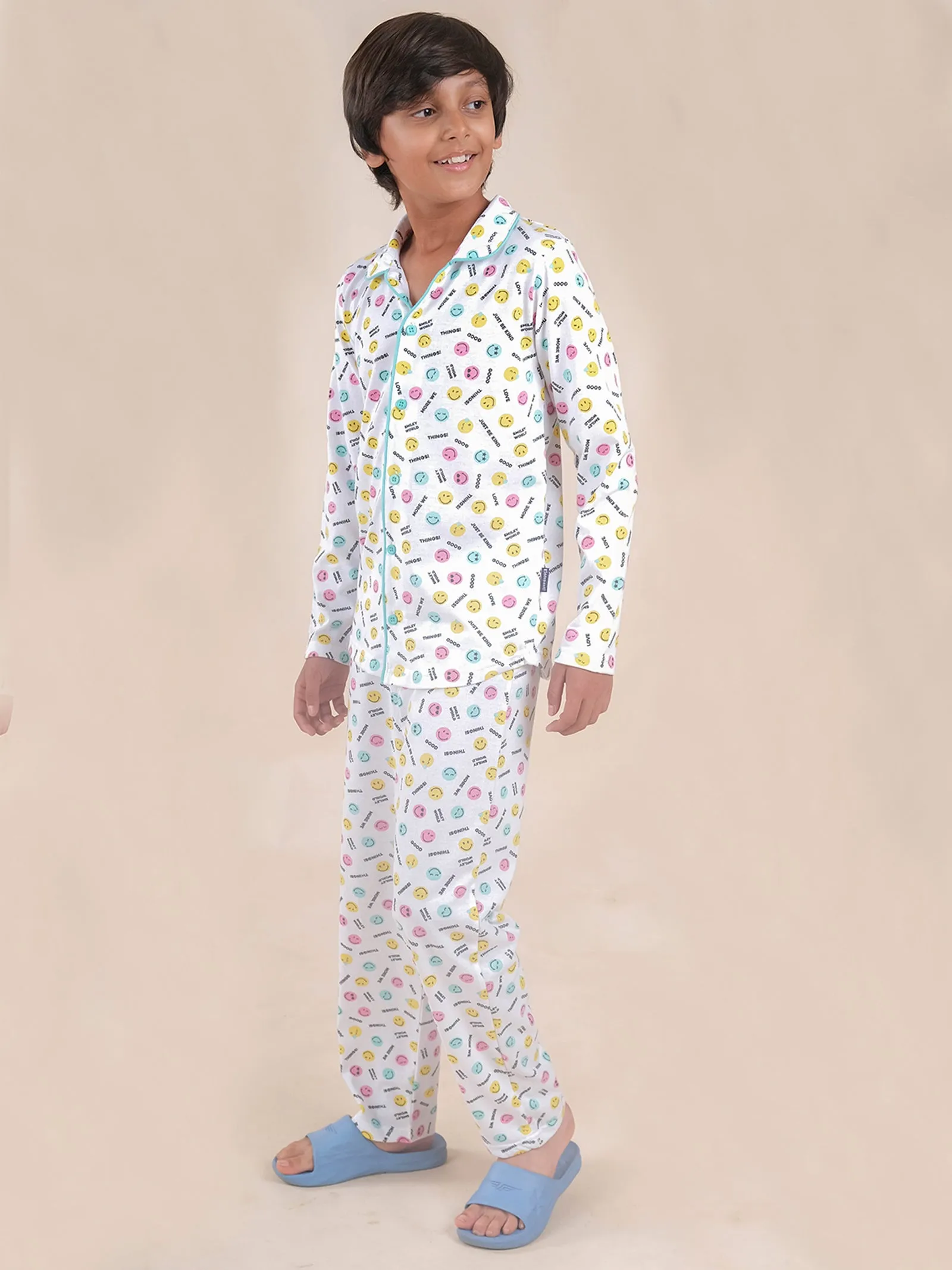 Boys Cotton All Over Printed Front Open Shirt With Pajama Night Set