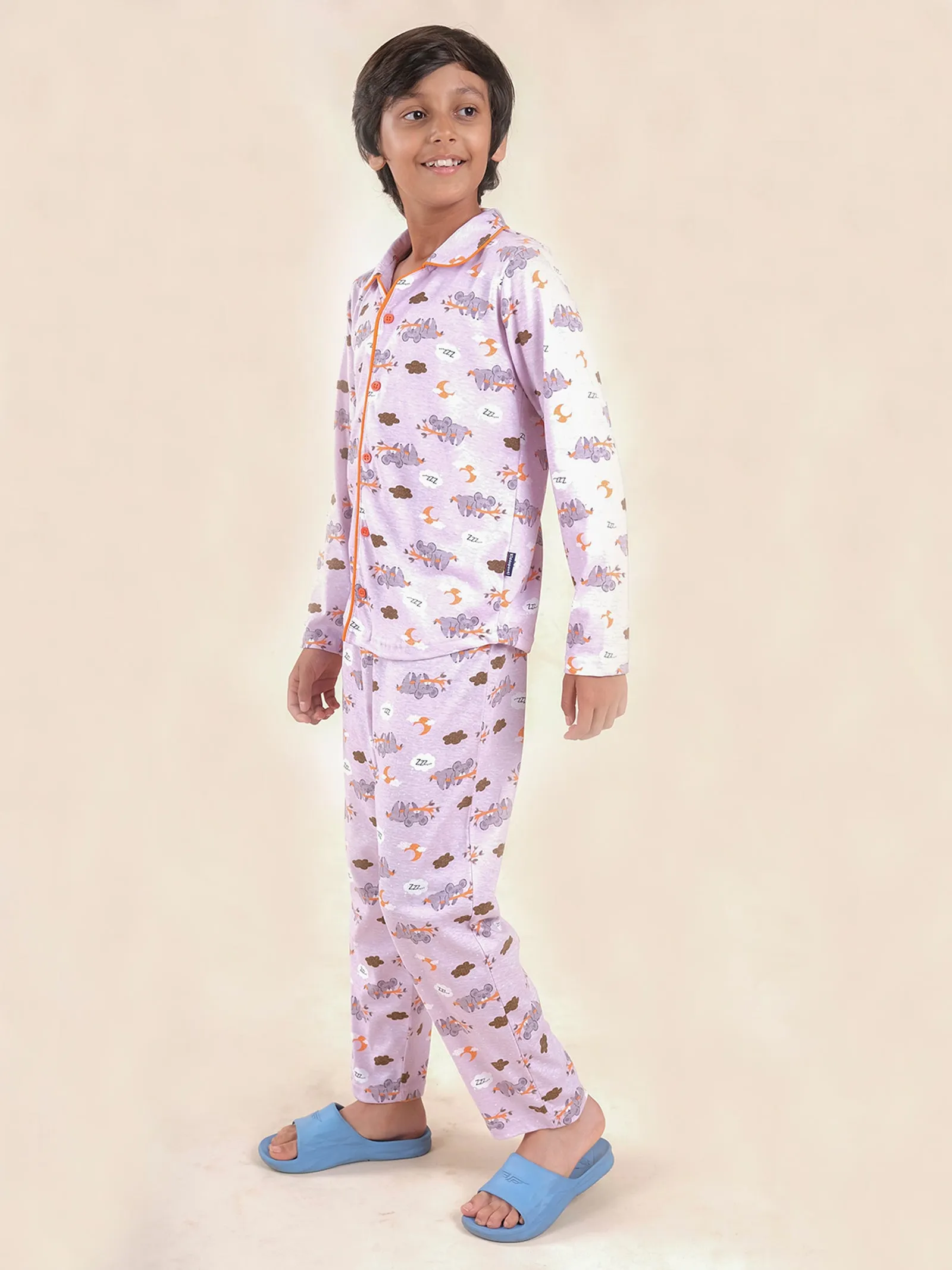 Boys Cotton All Over Printed Front Open Shirt With Pajama Night Set