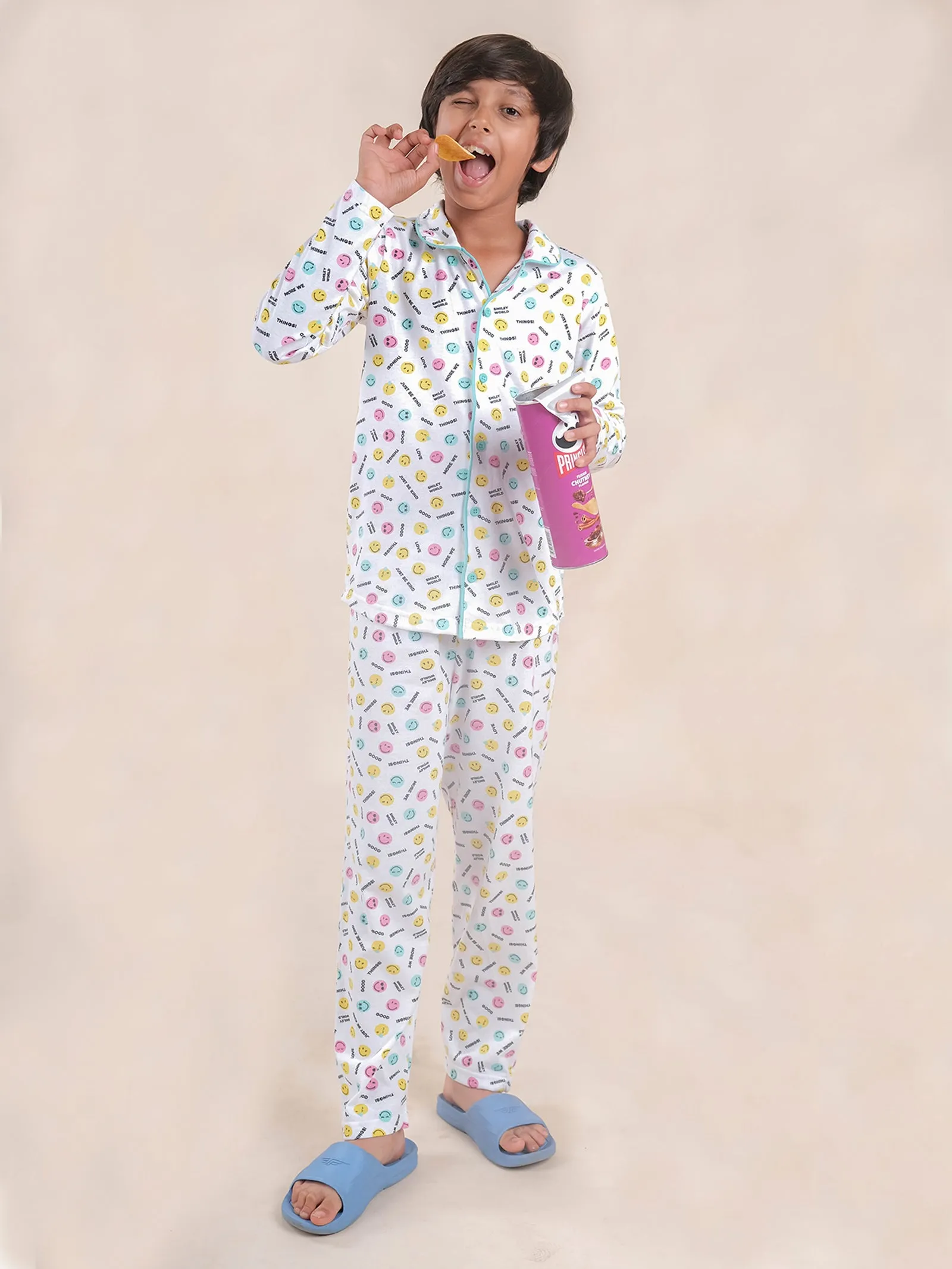 Boys Cotton All Over Printed Front Open Shirt With Pajama Night Set